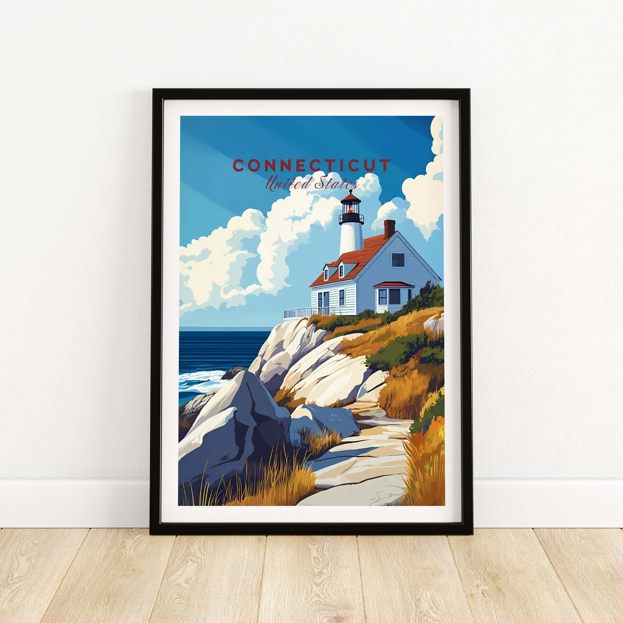 Connecticut Travel Print featuring a charming lighthouse and coastal scenery in vibrant colors.