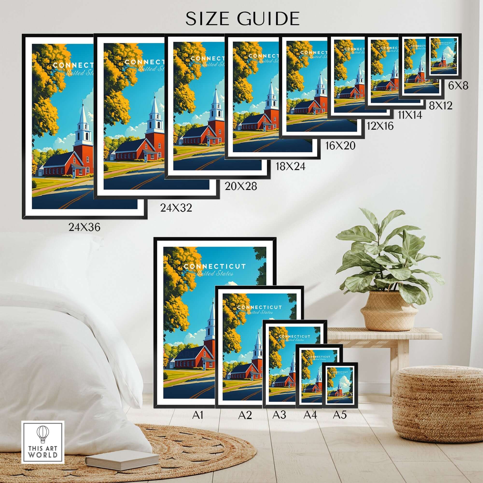 Connecticut Wall Art size guide showcasing various framed options for home decor.