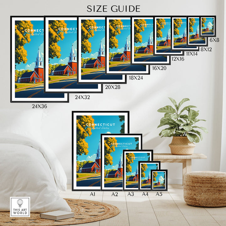 "Connecticut wall art size guide with multiple framed prints in colorful design inspired by Connecticut, displayed in a cozy room setting."