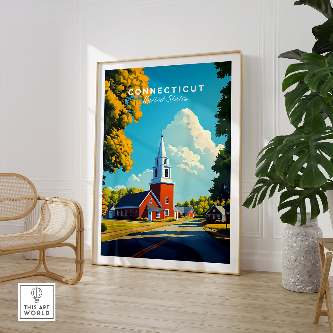 Connecticut wall art featuring a charming red church and tree-lined street, perfect for adding nostalgic beauty to any room.