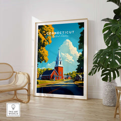 Connecticut Wall Art showcasing a picturesque scene with a red church and blue sky, perfect for home decor.