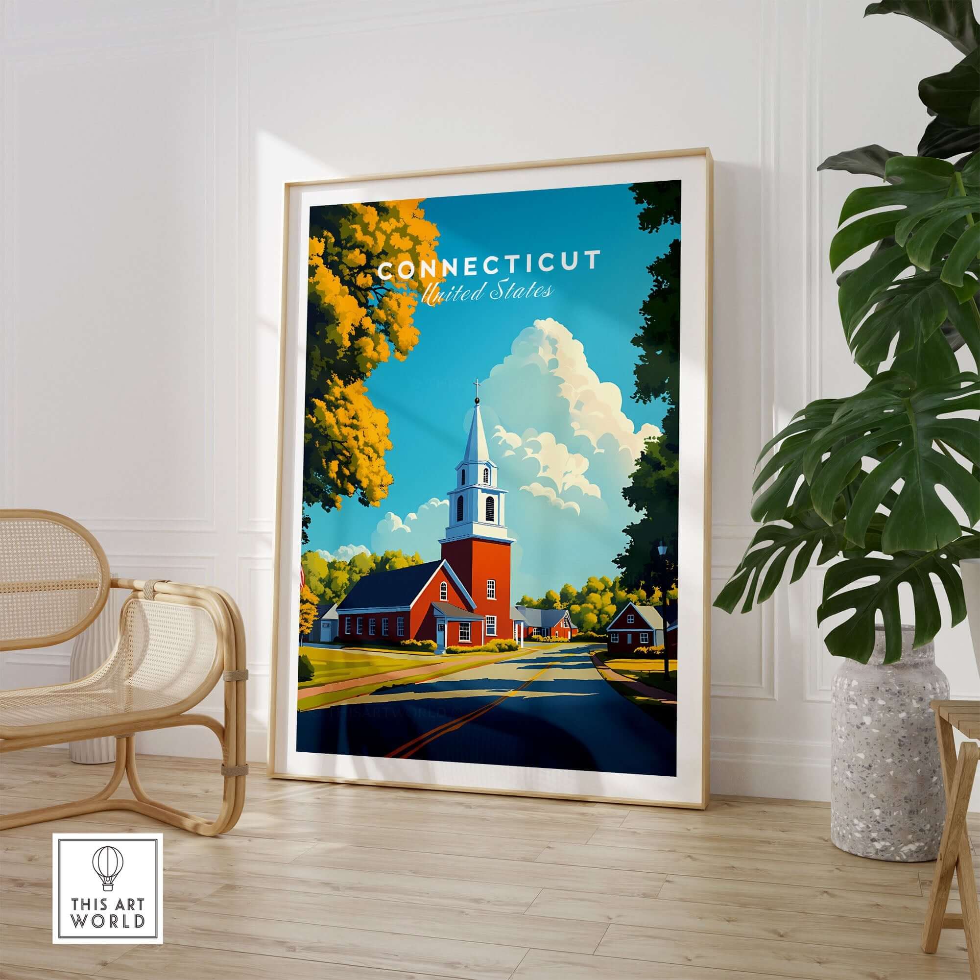 Connecticut Wall Art showcasing a picturesque scene with a red church and blue sky, perfect for home decor.
