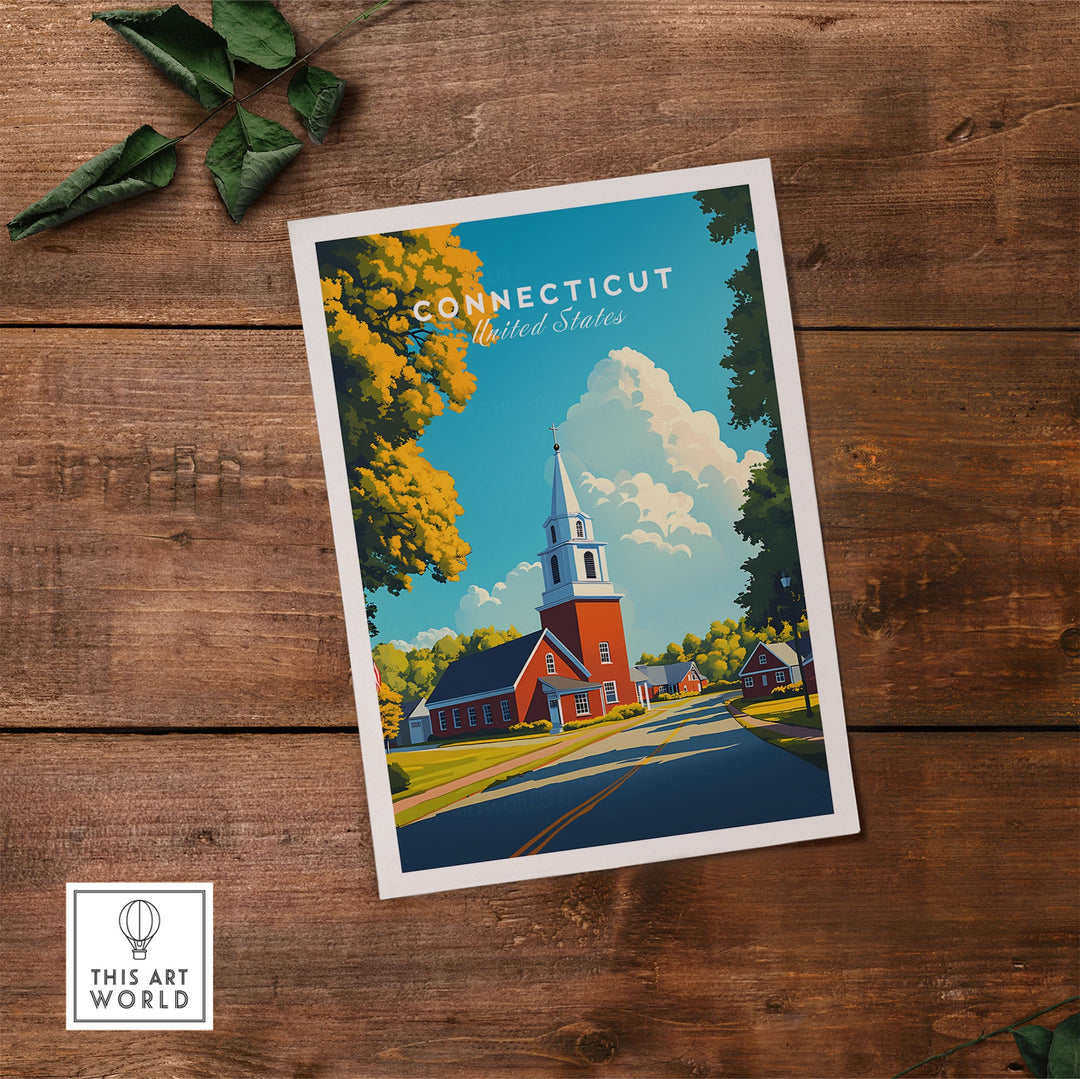 Connecticut wall art featuring a scenic view with church and trees, showcasing state pride and charm on a rustic wooden background.