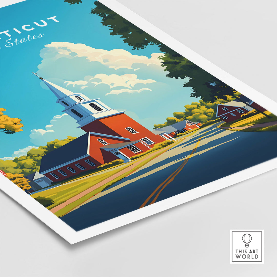 "Connecticut Wall Art featuring scenic church landscape under blue sky, inspired by the beauty of Connecticut, Travel Posters USA"