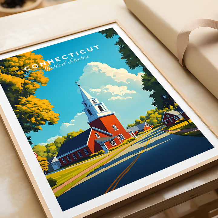 Connecticut wall art featuring a charming church scene, capturing the nostalgic beauty of the state with vibrant colors and design.