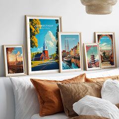 Connecticut Wall Art featuring framed prints of state-inspired designs in a cozy home setting.