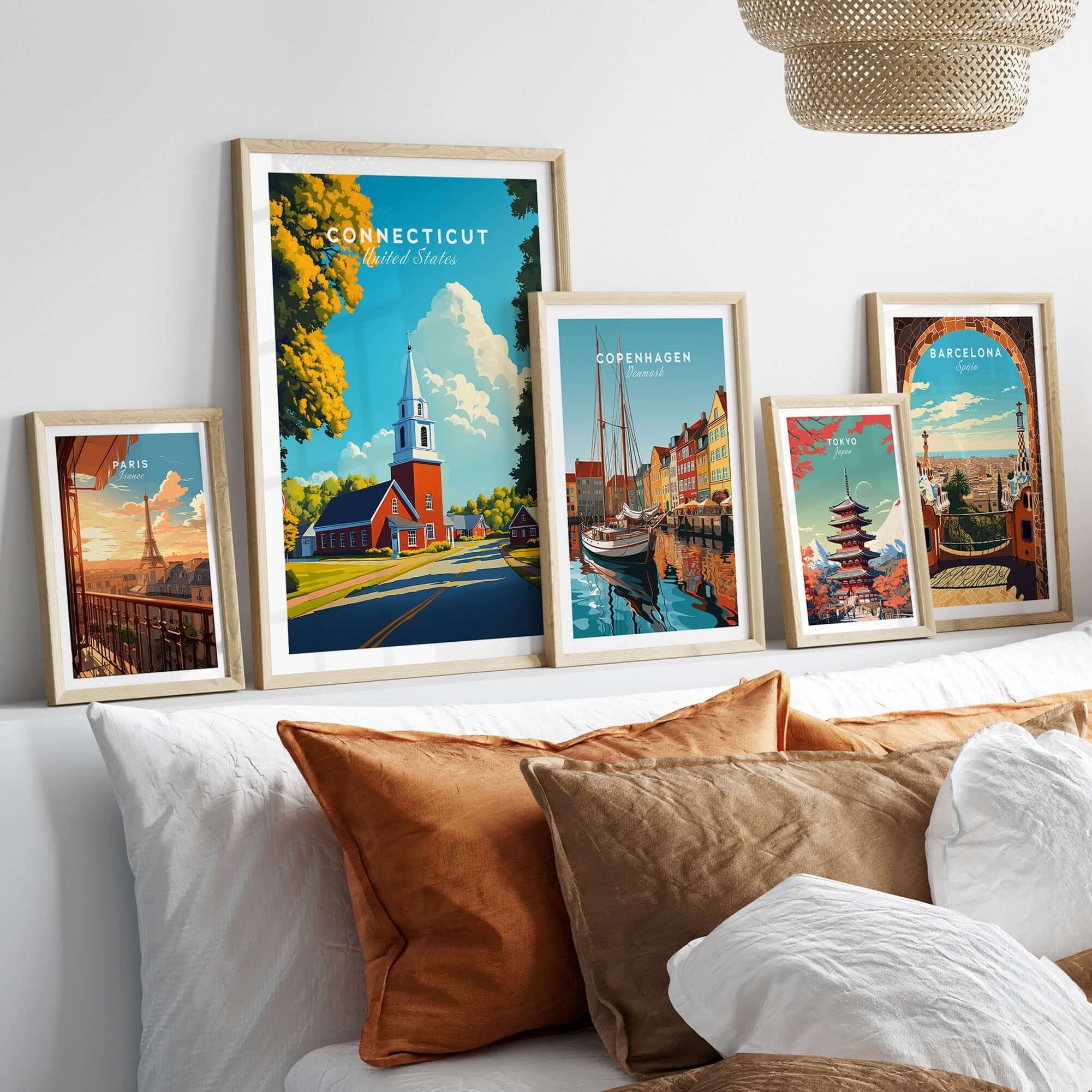 Connecticut Wall Art featuring framed prints of state-inspired designs in a cozy home setting.