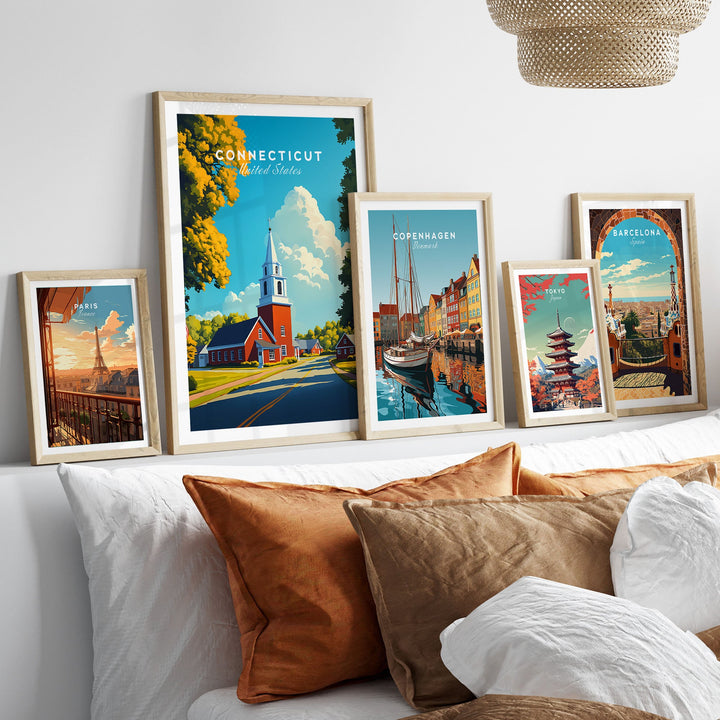 Connecticut wall art with travel posters showcasing iconic scenes, adding charm and nostalgia to a stylish living room.