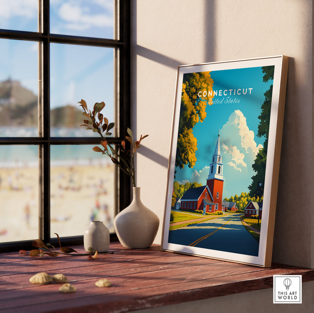 Connecticut wall art poster with picturesque church scene, adding charm and nostalgia to home decor by Travel Posters USA.