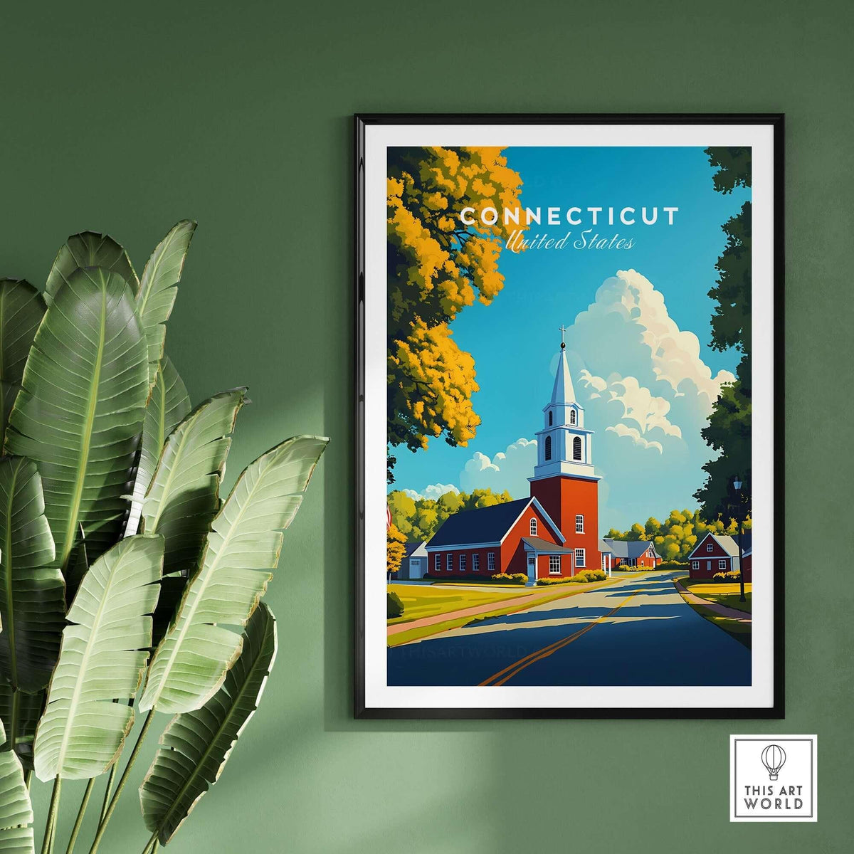 Connecticut Wall Art featuring a charming landscape with a church and trees, showcasing the beauty of Connecticut.