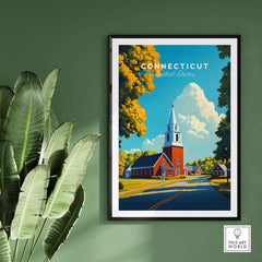 Connecticut Wall Art featuring a charming landscape with a church and trees, showcasing the beauty of Connecticut.
