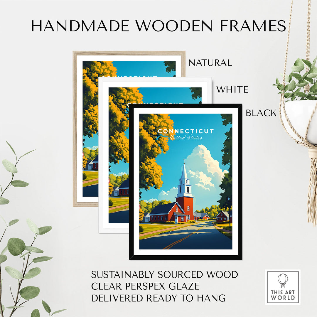 "Connecticut wall art with church scene in handmade wooden frames, available in natural, white, black; sustainably sourced materials."