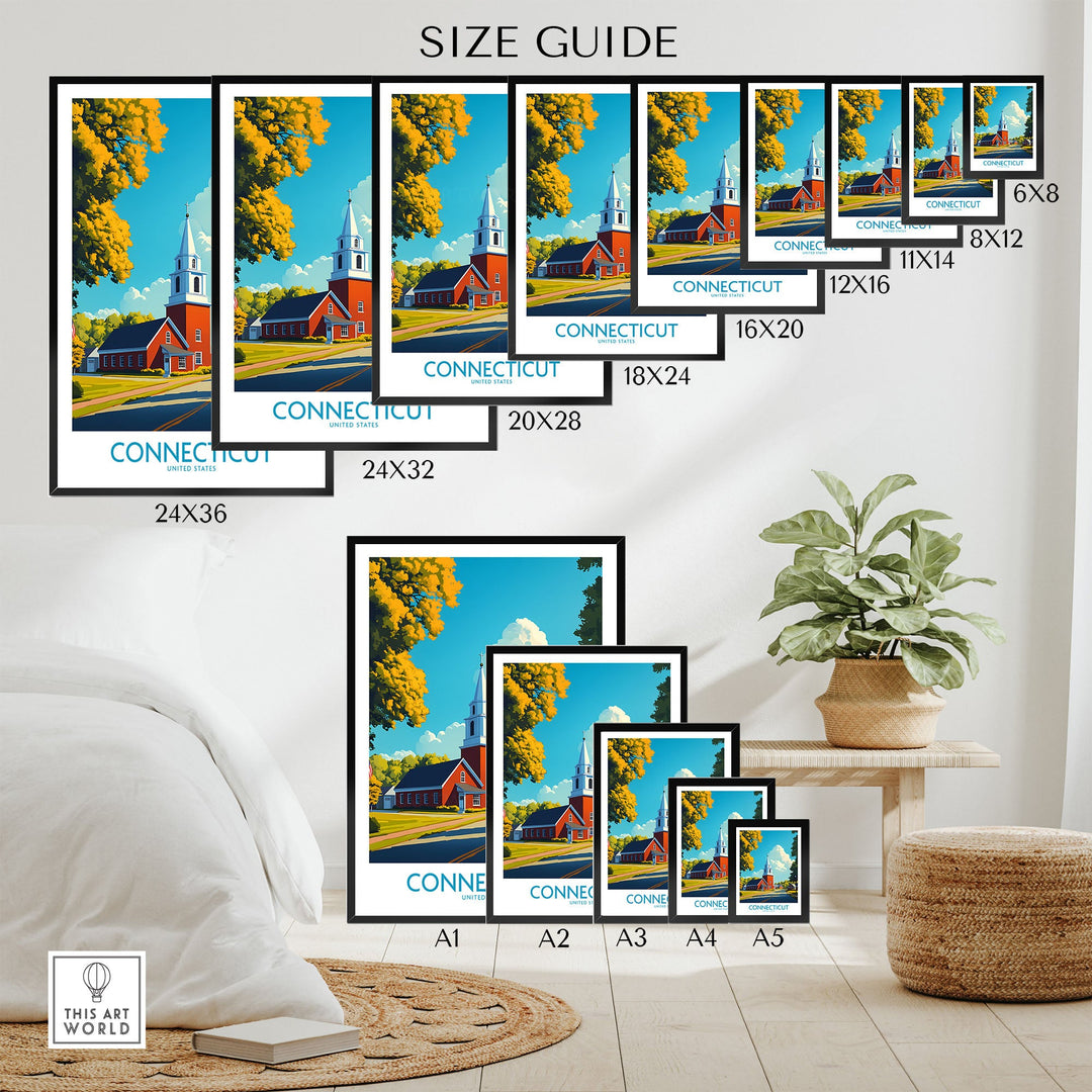 "Connecticut wall art print size guide displayed in various frame dimensions, showcasing a vibrant, colorful landscape. Travel Posters USA."