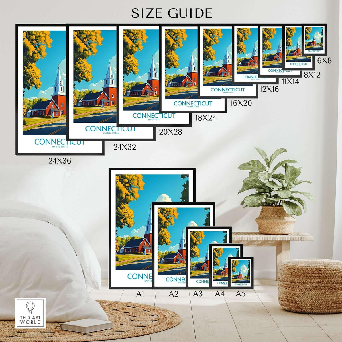 Size guide for Connecticut Wall Art Print displaying various frame sizes and vibrant artwork.