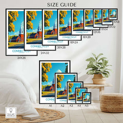 Size guide for Connecticut Wall Art Print displaying various frame sizes and vibrant artwork.