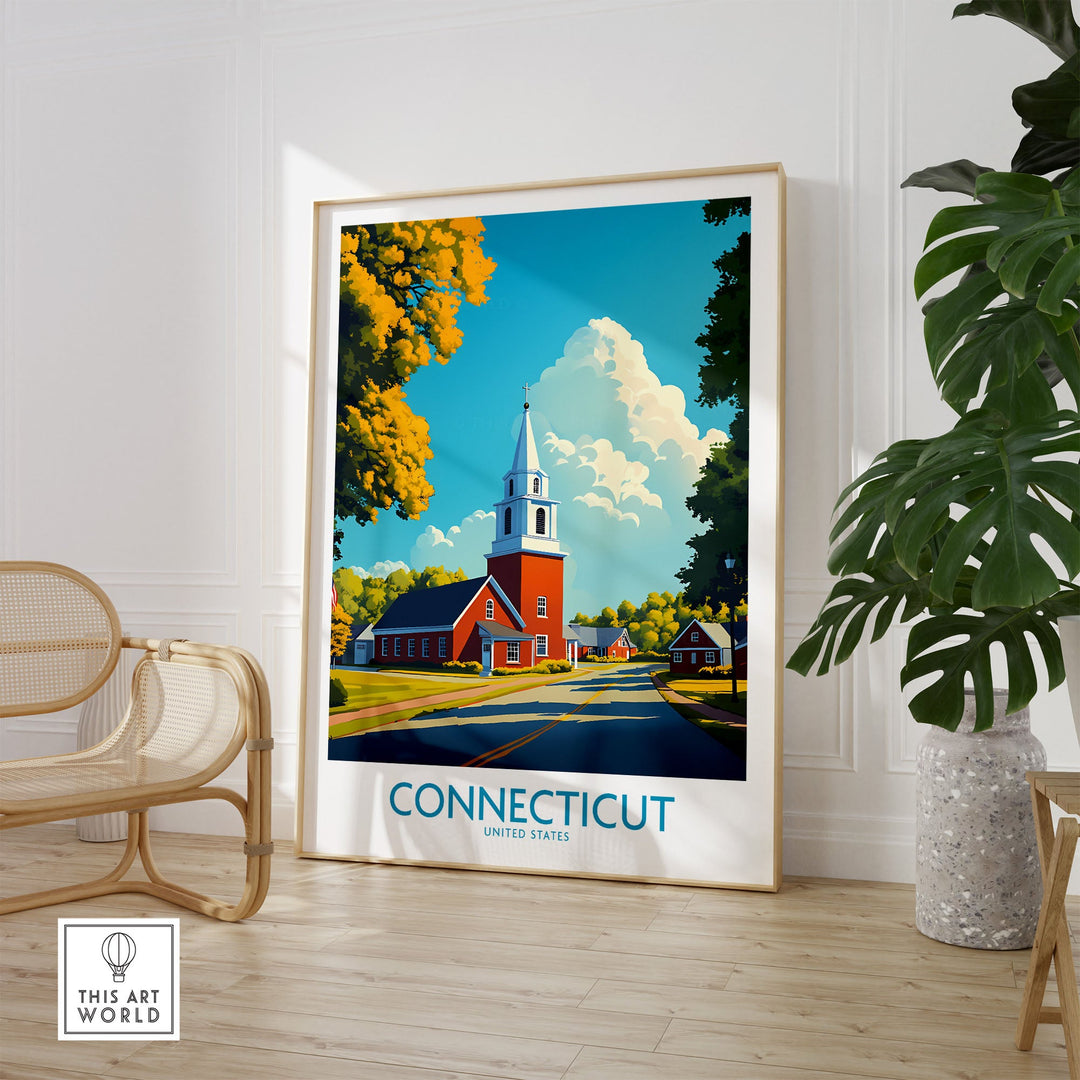 Framed Connecticut wall art print showcasing vibrant colors and detailed landscape, adding elegance and charm to any decor.