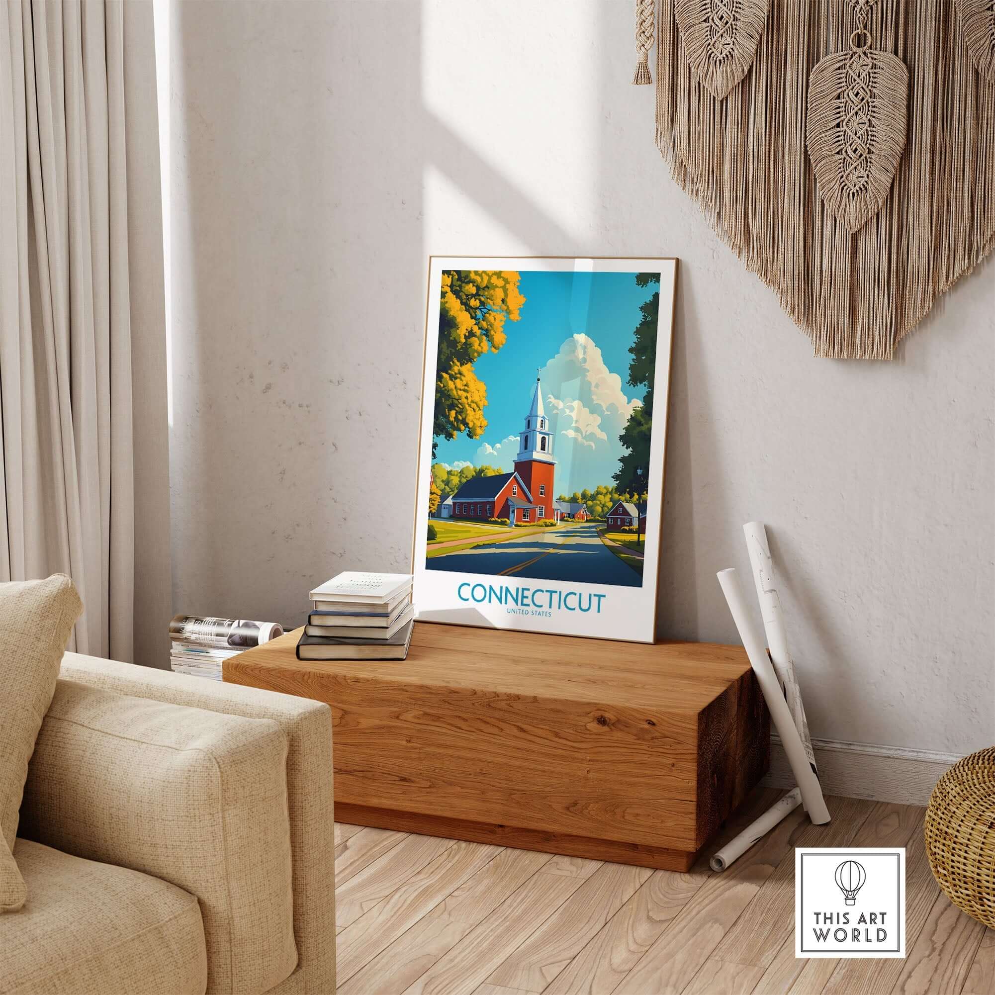 Connecticut Wall Art Print showcasing vibrant colors and intricate details in a stylish home setting.