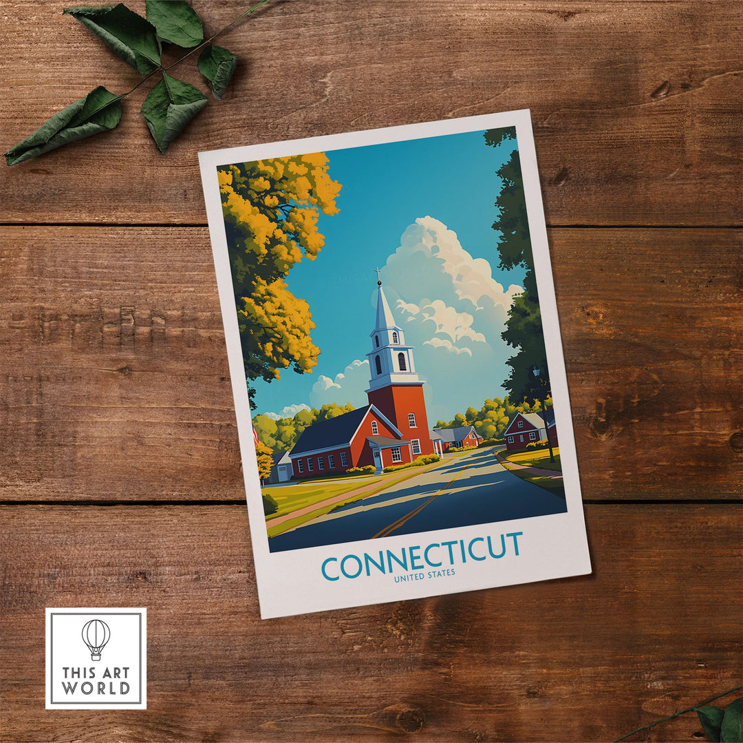 Connecticut wall art print with vibrant colors featuring a scenic church landscape, adding charm and elegance to any room.