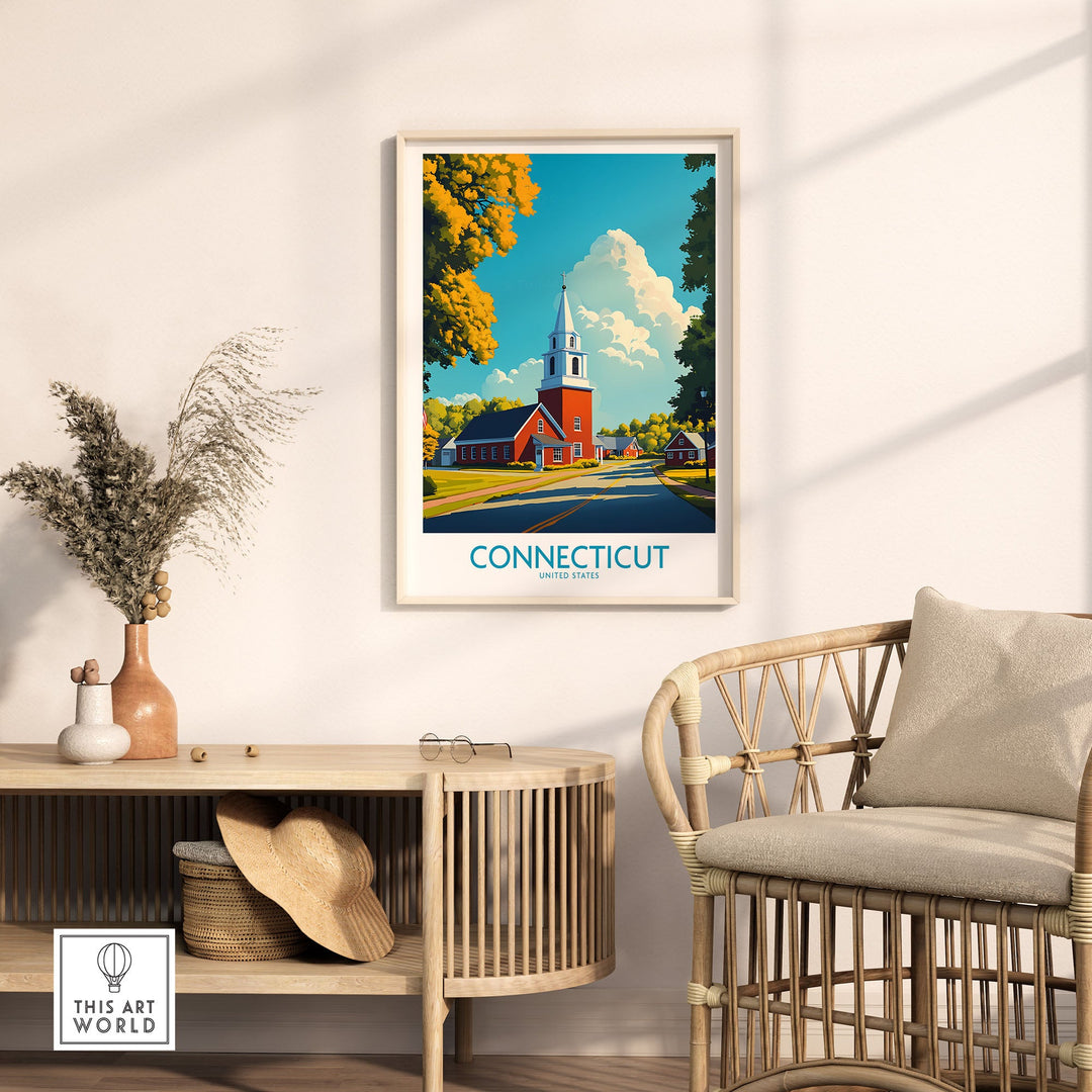 Connecticut wall art print showcasing a charming landscape with vibrant colors, perfect for adding elegance to home or office decor.