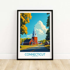 Connecticut Wall Art Print showcasing a vibrant church scene in Connecticut with blue skies and colorful trees.