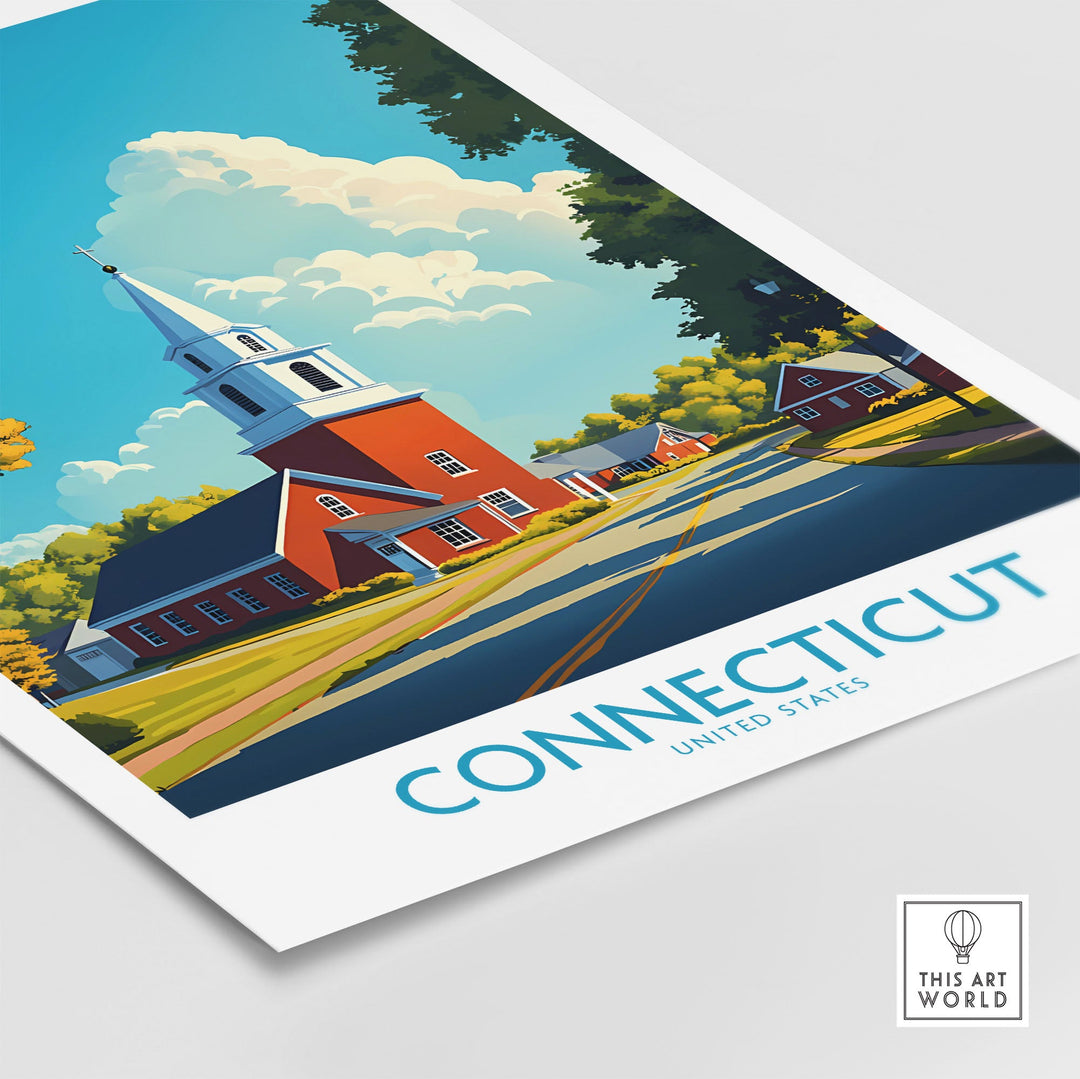 Connecticut wall art print featuring a vibrant illustration of a classic red building and lush trees, perfect for home or office decor.