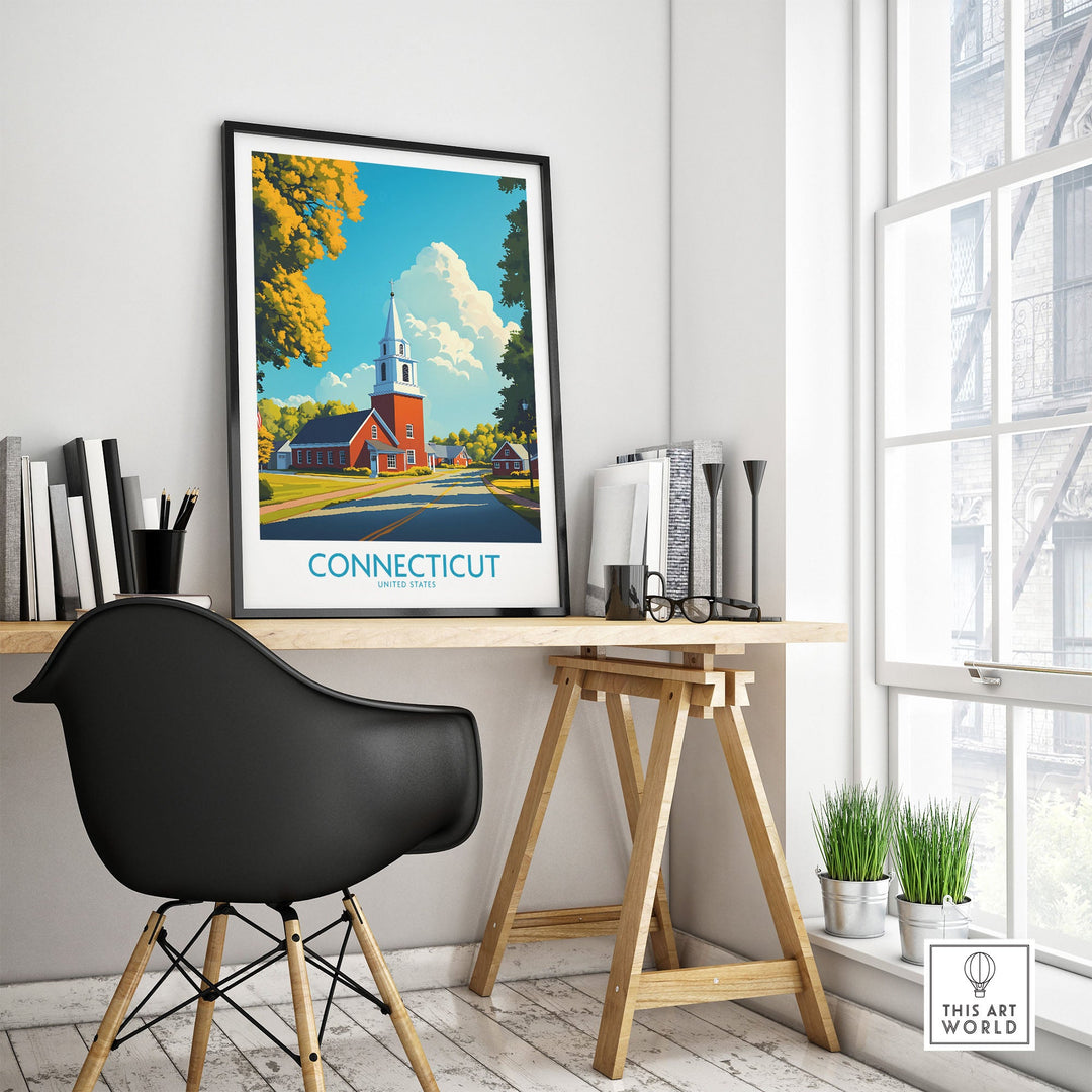 Connecticut wall art print displayed in a modern office setting, featuring vibrant colors and a charming depiction of a church and trees.