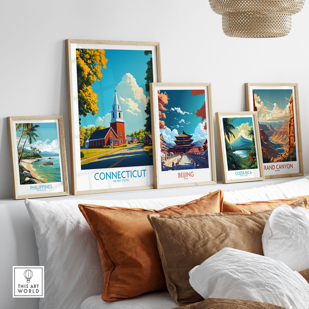 Connecticut wall art print displayed with travel posters of Philippines, Beijing, Costa Rica, and Grand Canyon in a modern room setting.