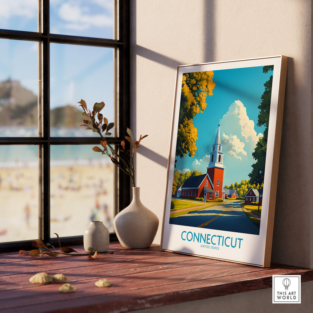 Connecticut wall art print with vibrant colors and church illustration, decor on sunny windowsill, Travel Posters USA.