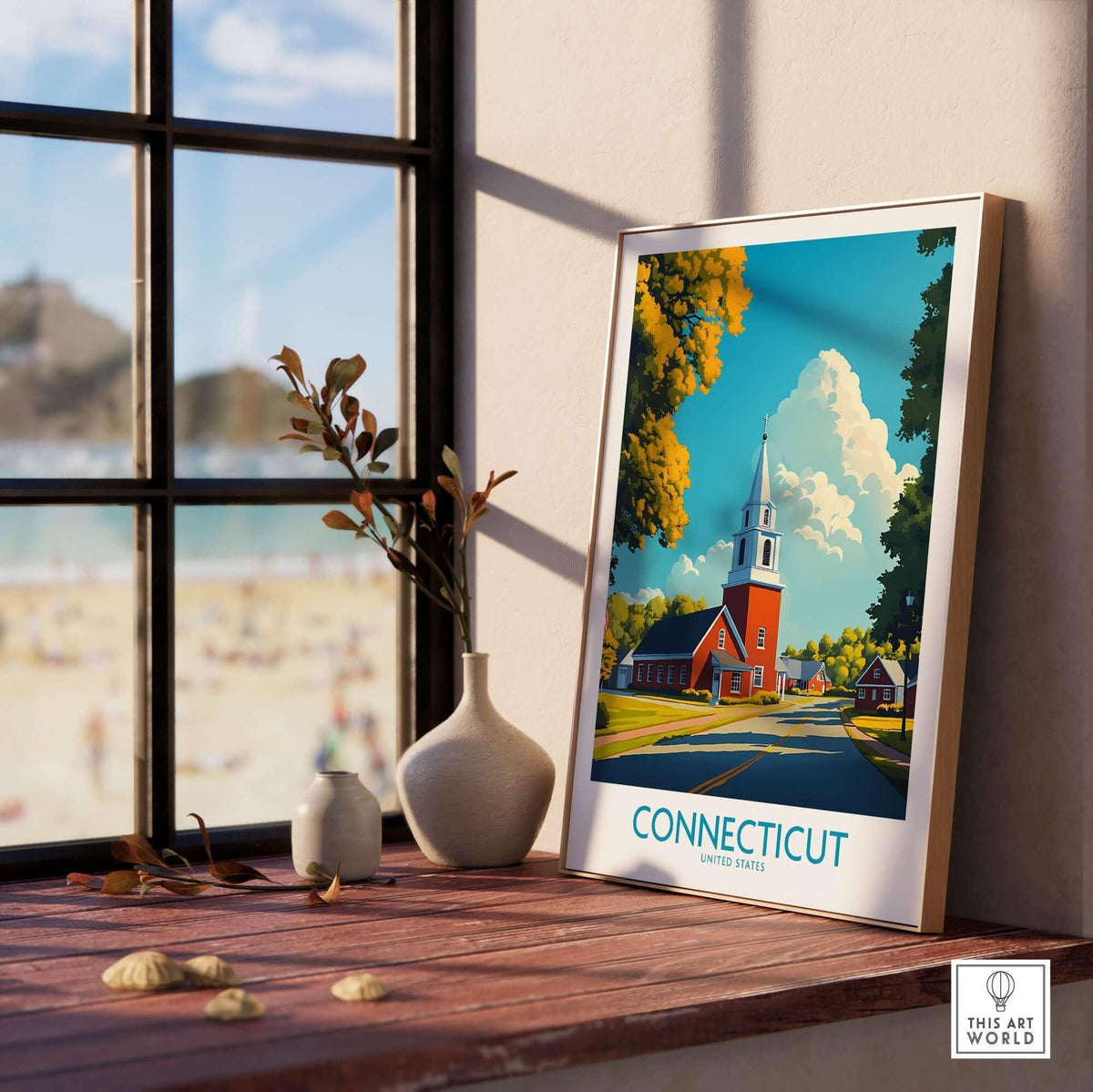 Connecticut Wall Art Print featuring a picturesque church and vibrant colors, perfect for home decor.