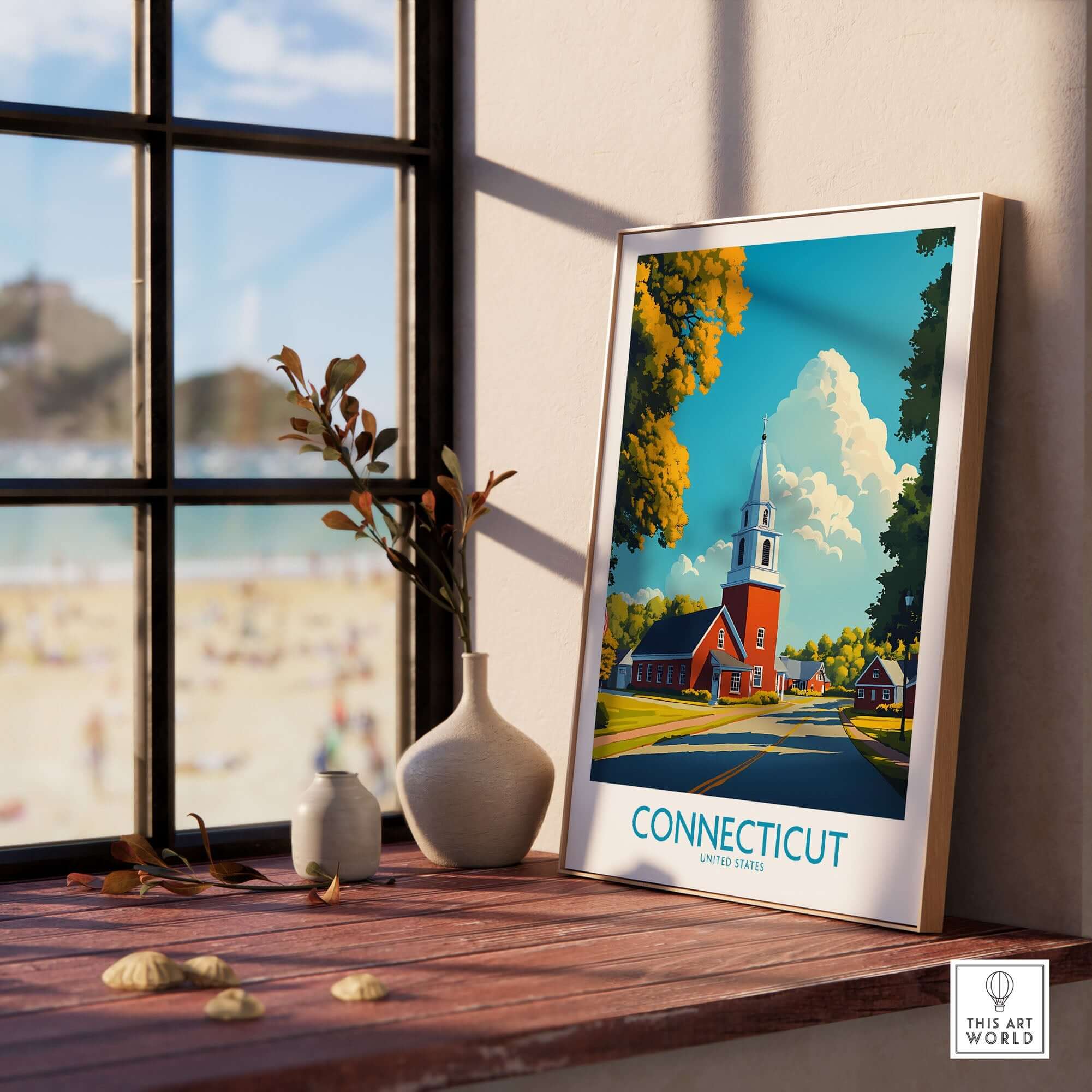 Connecticut Wall Art Print featuring a picturesque church and vibrant colors, perfect for home decor.