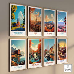Connecticut Wall Art Print showcasing vibrant scenes from Connecticut and other global destinations.