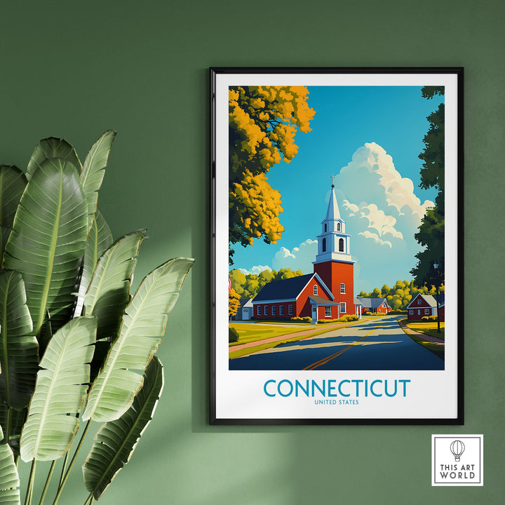 Connecticut wall art print with vibrant colors, featuring a church scene, framed and displayed on a green wall with plants.