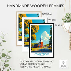 Connecticut Wall Art Print displayed in handmade wooden frames of natural, white, and black colors.