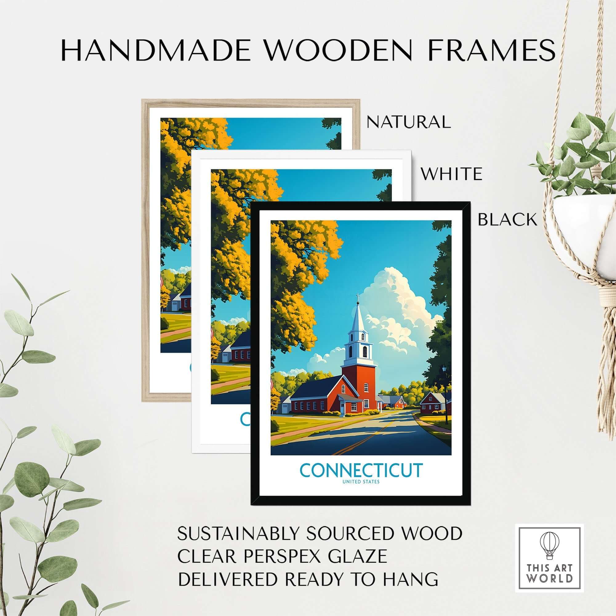 Connecticut Wall Art Print displayed in handmade wooden frames of natural, white, and black colors.