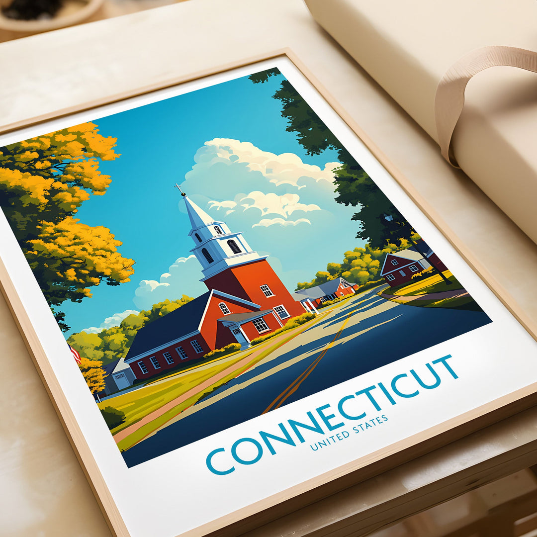 Connecticut wall art print with vibrant colors and intricate details, featuring a charming church and lush landscape, Travel Posters USA.