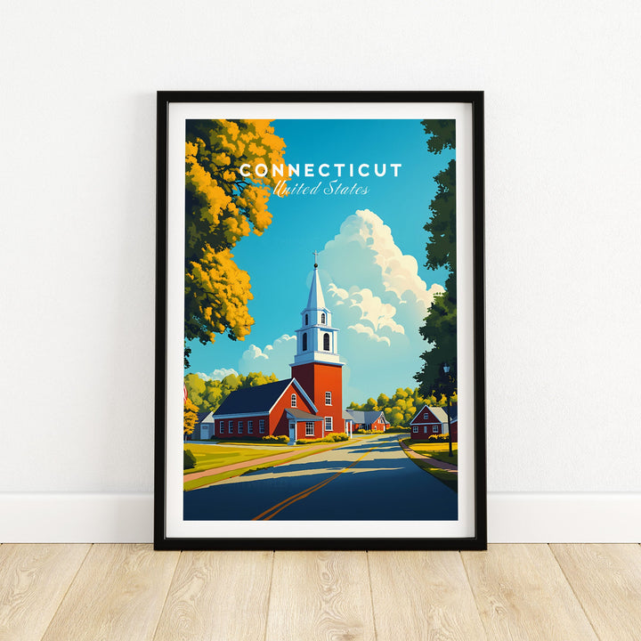 Connecticut wall art featuring a charming church scene with vibrant trees, capturing the essence of the state's beauty and nostalgia.