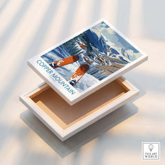 Copper Mountain Colorado Ski Print – Alpine Resort artwork displayed on a wooden box, showcasing skiing and mountain scenery.