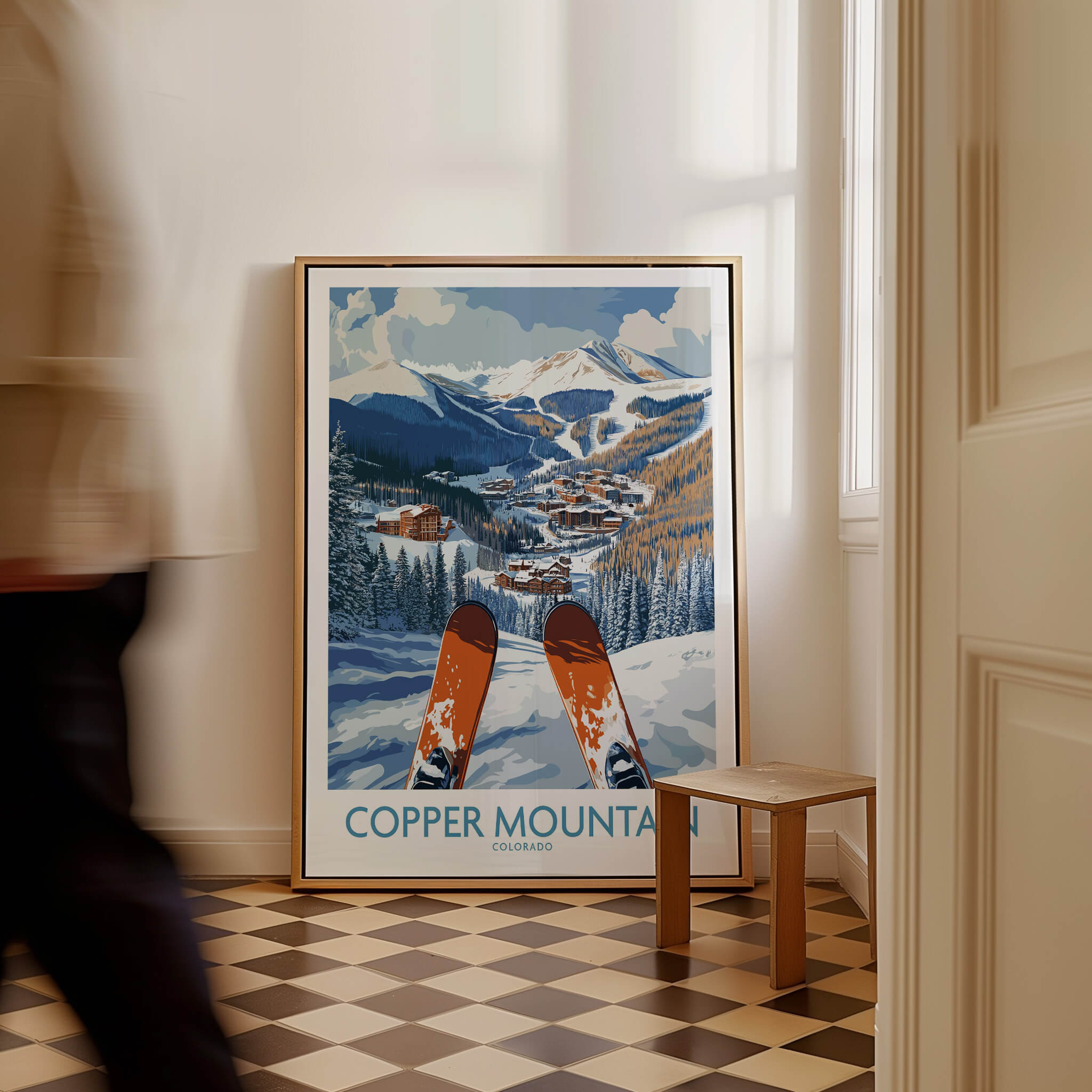 Copper Mountain Colorado Ski Print – Alpine Resort displayed in a cozy indoor setting, capturing a winter landscape.