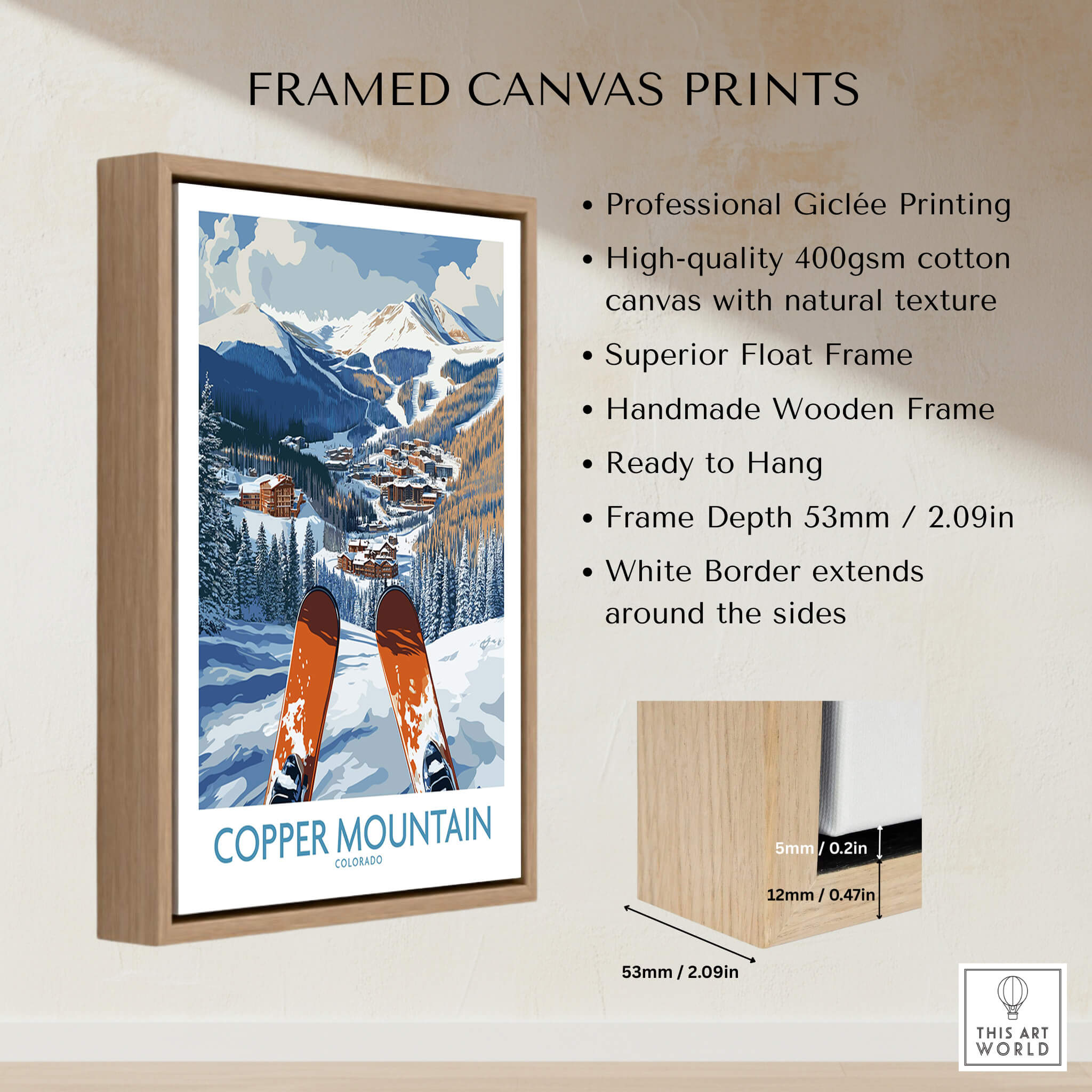 Framed Copper Mountain Colorado Ski Print – Alpine Resort showcasing professional Giclée printing and wooden frame.