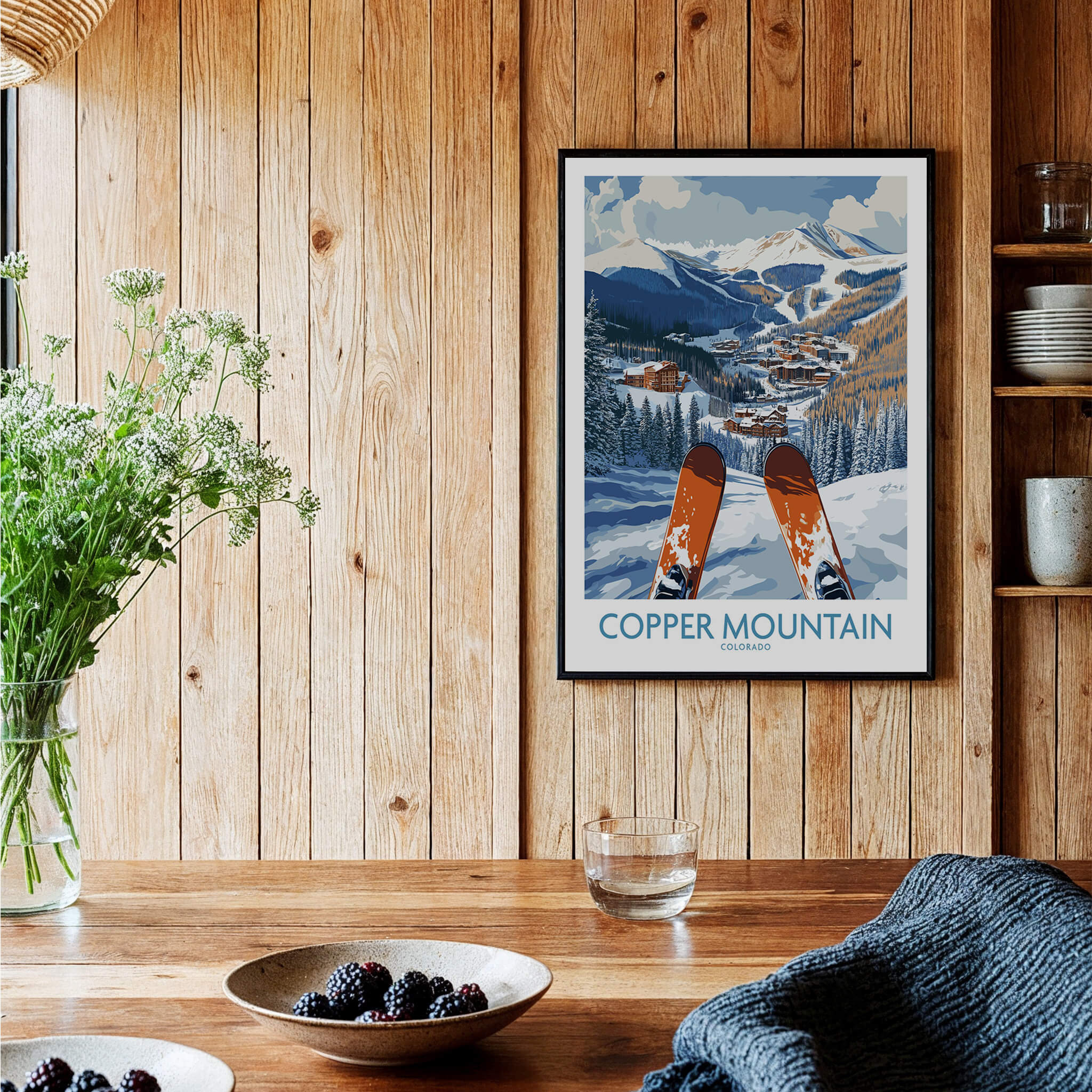 Copper Mountain Colorado Ski Print – Alpine Resort artwork displayed in a rustic wooden interior with ski gear.