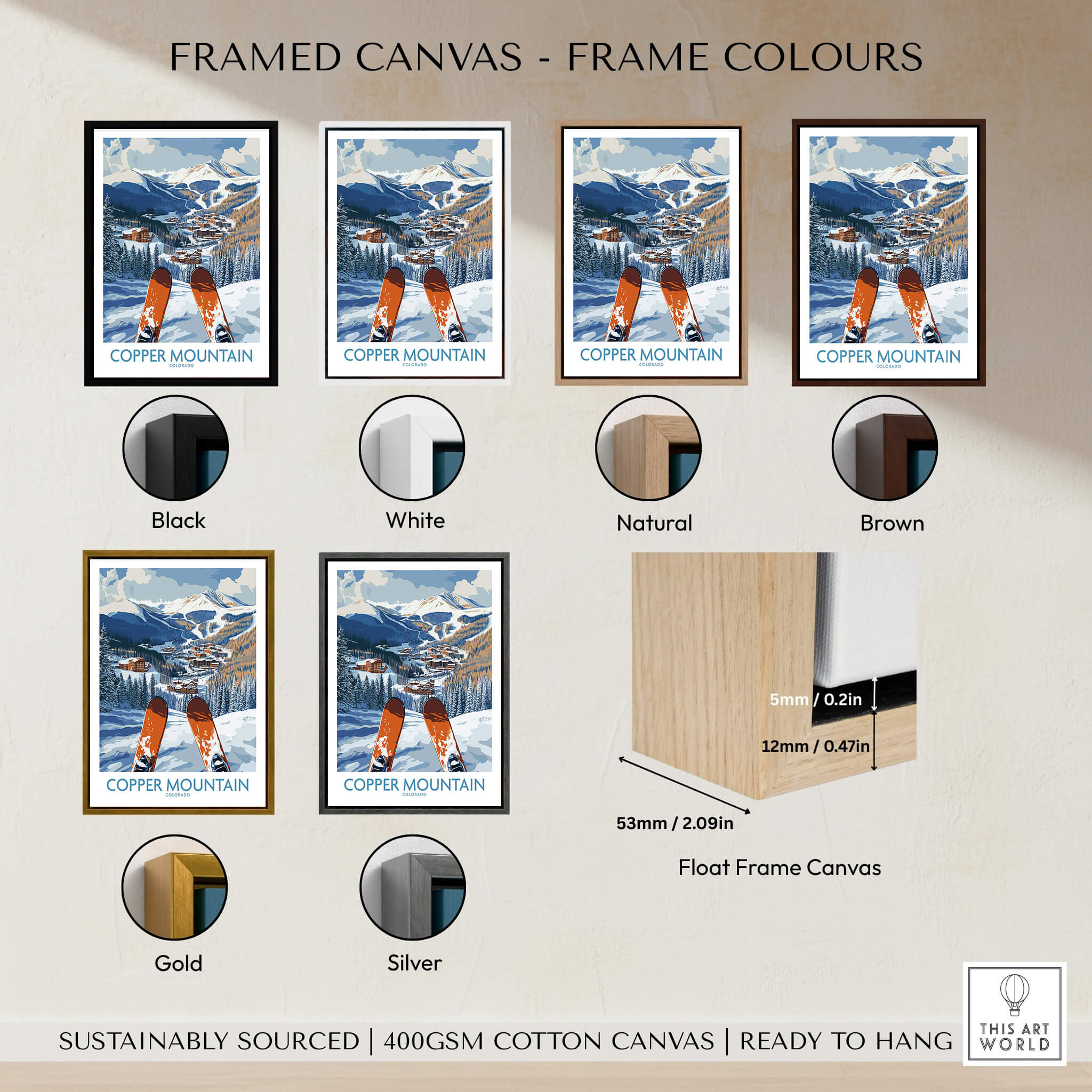 Framed Copper Mountain Colorado Ski Print – Alpine Resort in various frame colors including black, white, natural, brown, gold, and silver.