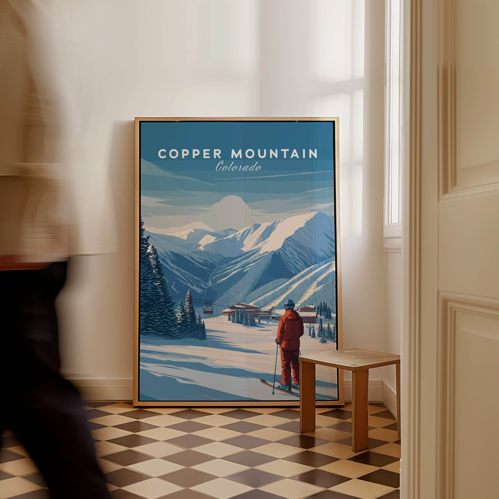 Copper Mountain Ski Poster framed and displayed in a stylish interior, showcasing Colorado's stunning winter landscape.