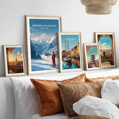 Copper Mountain Ski Poster displayed alongside other travel-themed posters in a cozy living room setting.