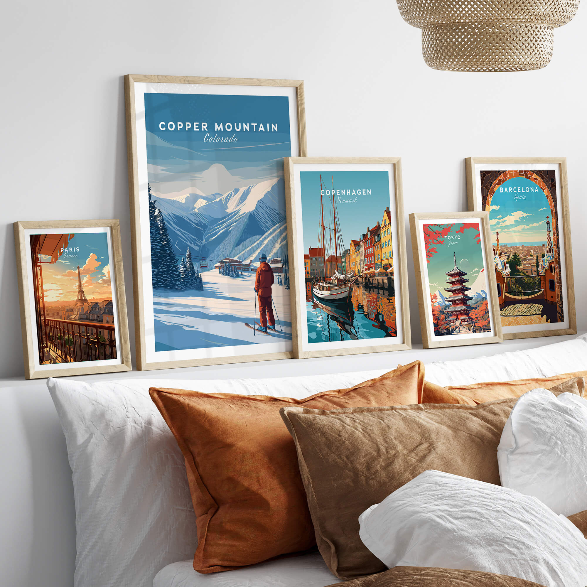 Copper Mountain Ski Poster displayed alongside other travel-themed posters in a cozy living room setting.