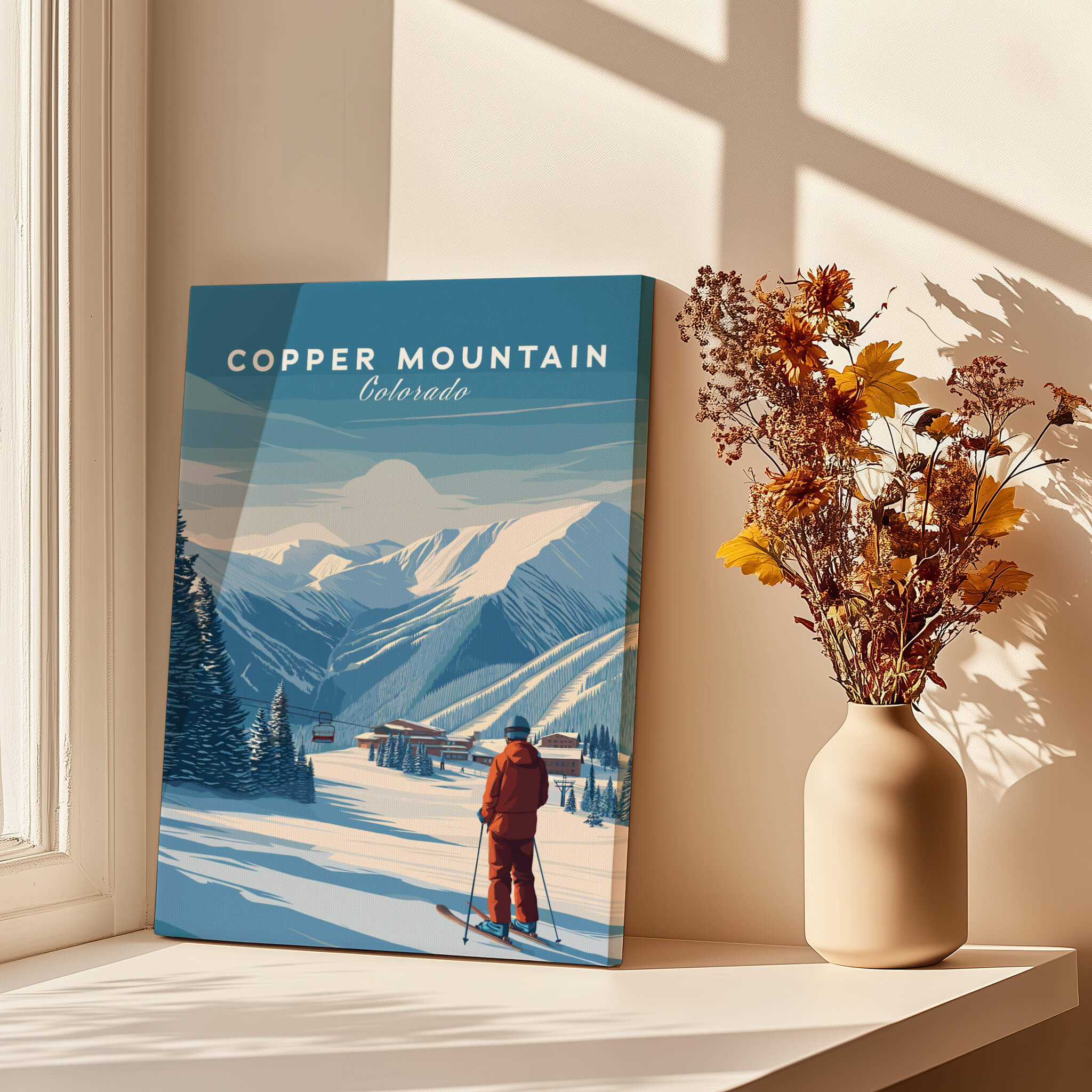 Copper Mountain Ski Poster featuring a skier amidst stunning Colorado mountain scenery.