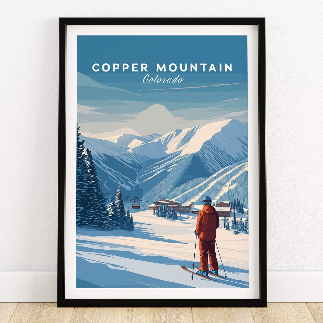 Copper Mountain Ski Poster featuring a skier overlooking snowy mountains in Colorado.