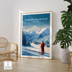 Copper Mountain Ski Poster featuring a skier in a snowy landscape with mountains in the background.