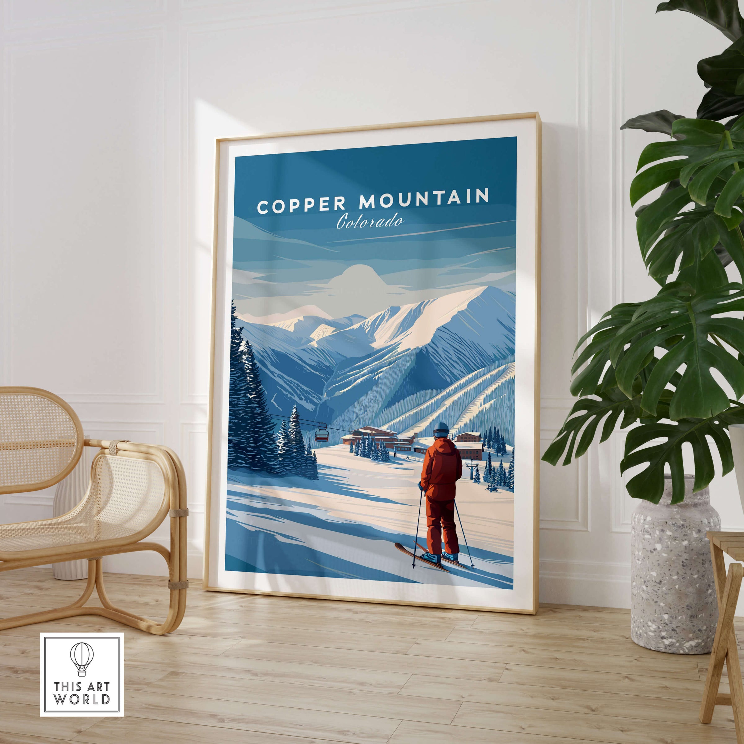 Copper Mountain Ski Poster featuring a skier in a snowy landscape with mountains in the background.
