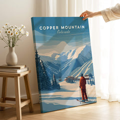Copper Mountain Ski Poster showcasing a serene winter landscape and skier on a sunny day in Colorado.