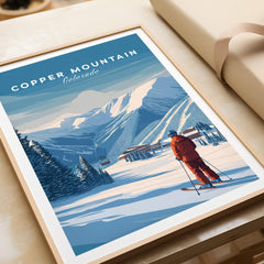 Copper Mountain Ski Poster showcasing a skier against snow-covered mountains in Colorado.